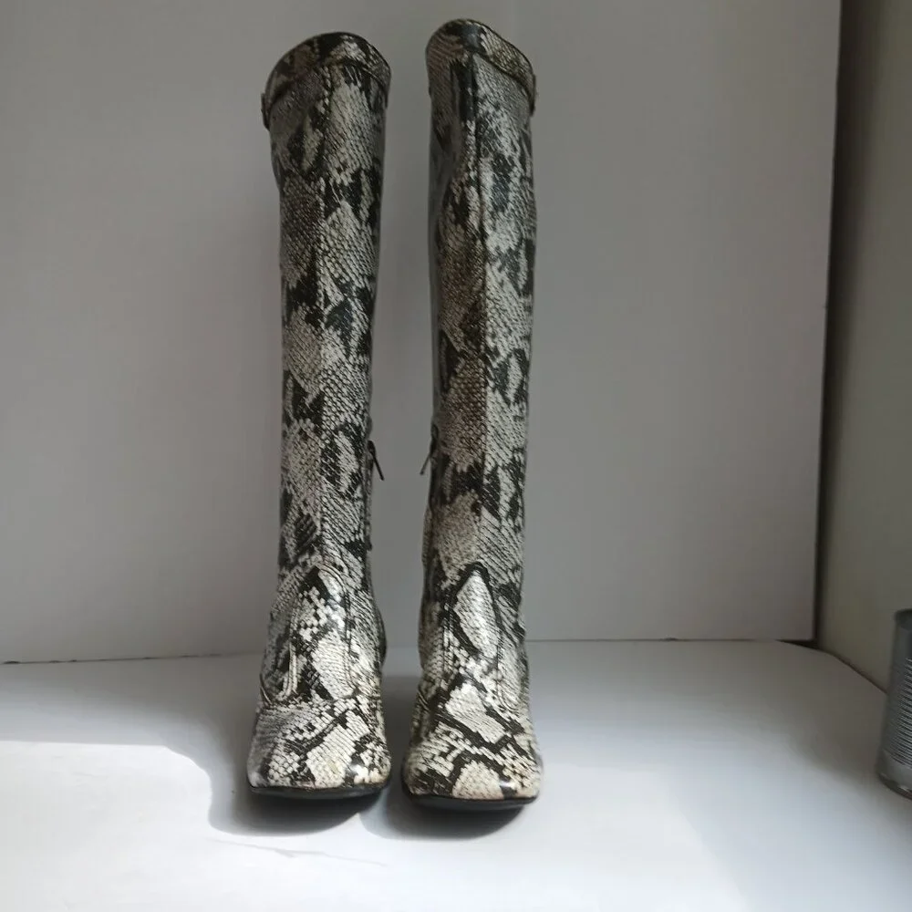 Vintage60's/70's  SnakePrint KneeHigh BlockHeel SquareToe Mod GoGoBoots Sz8 - Picture 2 of 14